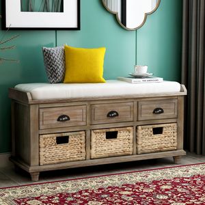 Rustic 3-Drawer <b>Storage</b> Bench with 3 Rattan <b>Baskets</b> Living Room Furniture <b>for</b> Entryway or Shoe Organization - Product Image 1