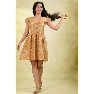 Vestido Midi Floral para Mujer, Color Amarillo Mostaza, Manga Abullonada, Ecológico, Lavable, Estilo Casual Indio con Cintura Natural - Product Image 5