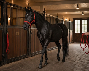 Harnais de cheval de style australien en nylon rouge avec boucles et anneaux dorés, ajustement réglable pour utilisation en écurie - Product Image 3