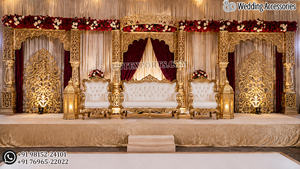 Compre elegantes marcos de madera dorados musulmanes para decoración de escenarios de recepción estilo Rajwada, decoración de escenarios de boda en blanco y dorado con fibra. - Product Image 3
