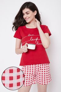 Women's Red Printed T-Shirt With Love Laugh Live Text And Red White Checkered Shorts <b>Elastic</b> Waist Casual Knitted Cotton Set - Product Image 5