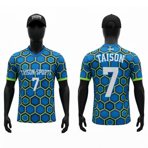 Maillot de football pour homme en polyester respirant de qualité supérieure 150 GSM, bleu vert néon, motif hexagonal, sublimation, logo personnalisé, kit d'équipe - Product Image 1
