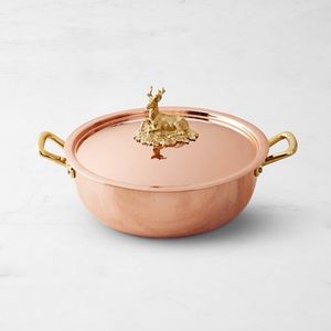 Hammered Finish <b>Copper</b> Cooking Casserole with Decorative Lid and Brass Handles Premium Serving Pot for Kitchen Dining <b>Table</b> Use - Product Image 4