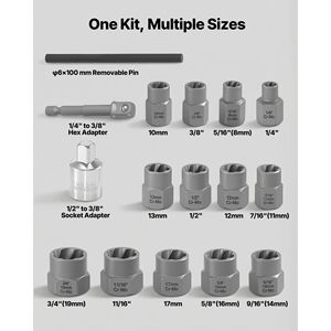 Kit di Rimozione Bulloni e Dadi a Impatto da 16 Pezzi con Adattatori e Estrattore a Perno, Valigetta Robusta in Acciaio Cr-Mo per la Rimozione di Bulloni e Viti - Product Image 2