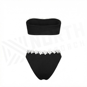 Women Black 2 Piece <b>Bikini</b> <b>Set</b> Bandeau Top With 3D White Flower Applique Ribbed Stretch Fabric Hipster Bottoms - Product Image 2