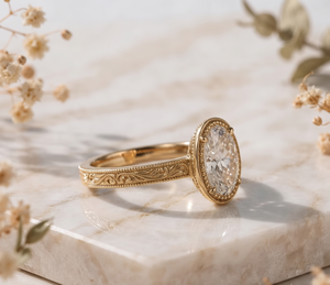 Bague de fiançailles ovale en moissanite en or jaune 18 carats haut de gamme avec sangle gravée et milgrain vintage, bijoux de luxe raffinés - Product Image 2