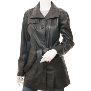 Veste en cuir véritable pour femme, style utilitaire, manches longues, fermeture boutonnée, ceinture, vêtement d'automne, couleur unie - Product Image 2