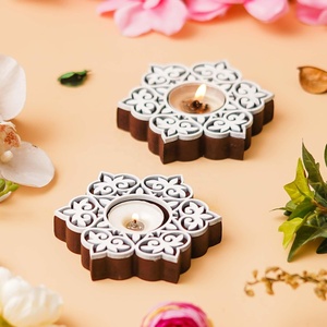 Square Wooden Floral Block Print Decorative Tea Light Candle Holders Diya <b>Stands</b> Christmas Decoration Items for Home Decor - Product Image 1