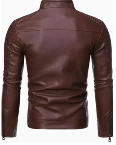 TRIBON SPORTS <b>Men's</b> Brown Cowhide <b>Leather</b> Bomber <b>Jacket</b> Stand Collar Zipper Closure Slim Fit Regular Sleeve Solid Color Winter - Product Image 2