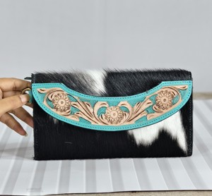 Handmade Genuine Leather Clutch <b>Wallet</b> With Embossed Floral Design Black And White Cowhide Pattern Bohemian Style Women's <b>Wallet</b> - Product Image 1