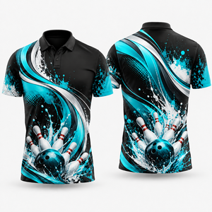 เสื้อโปโลโบว์ลิ่งสำหรับนักกีฬาแข่งขัน  ผ้าถักเนื้อแน่น ดีไซน์สั่งทำพิเศษ พิมพ์ลายแบบซับลิเมชั่นเต็มตัว สำหรับผู้ชาย - Product Image 1