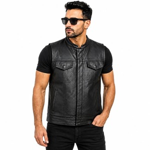 Gilet de moto en cuir véritable noir pour homme, veste sans manches, fermeture éclair sur le devant - Product Image 3