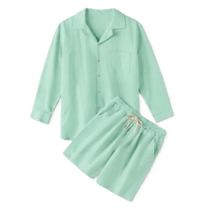 Ensemble de vêtements de nuit en lin pour homme, chemise de pyjama à manches longues boutonnée et short à cordon de serrage, respirant, décontracté, vêtements de maison - Product Image 2