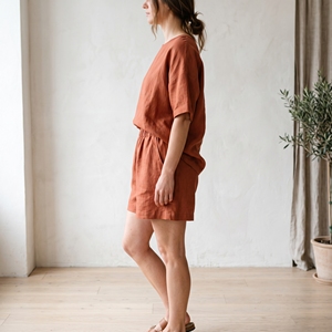 Conjunto de Camisa y Pantalones Cortos de Lino y Algodón para Mujer, Estilo Casual de Verano con Botones, Cintura Elástica, 2 Piezas - Product Image 2