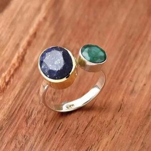 Anillo de Lapislázuli Natural y Esmeralda, Plata de Ley 925, Ajustable, Anillo de Piedra de Nacimiento, Anillo de Boda, Regalo para Mujer, Venta al Por Mayor - Product Image 6
