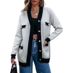 Women's Color Blocking <b>Cardigan</b> Long Sleeve V-Neck Knitted Sweater Casual Autumn Wear Button Closure Full Length Gray Black - Product Image 6