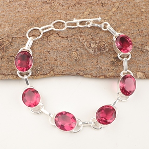Pulsera de Plata de Ley 925 con Turmalina Rosa y Eslabones Ovalados de Latón, Joyería de Moda para Mujer - Product Image 4
