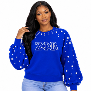 Zeta Phi Beta <b>Women's</b> <b>Blue</b> Pearl Embellished Cotton <b>Fleece</b> Sweatshirt Crewneck Embroidered Greek Letter Sorority Casual Pullover - Product Image 1