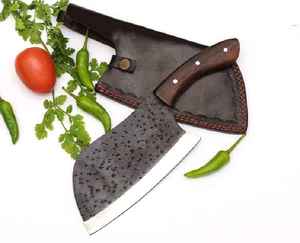 Couteau de boucher en acier carbone forgé à la main, lame martelée rustique, manche en bois, avec étui en cuir, vente en gros fabricant - Product Image 4