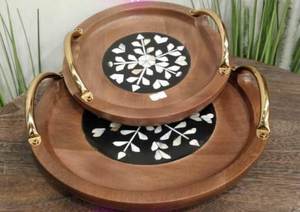 ถาดเสิร์ฟไม้ทำมือสไตล์อาหรับ ประดับมุกอย่างประณีต ของตกแต่งบ้านแบบตะวันออกกลาง ของขวัญงานฝีมือ - Product Image 3
