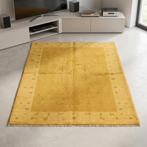Alfombra de Lana Anudada a Mano Color Mostaza Dorado, Diseño Floral en el Borde, Alfombra Decorativa Tradicional de Pelo Plano - Product Image 3