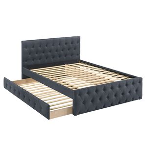 Letto singolo contemporaneo con letto estraibile, doghe in tela color antracite, testiera e pediera imbottite con bottoni, mobili per camera da letto per ragazzi - Product Image 2