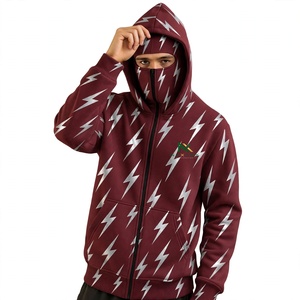 NEXTEX เสื้อฮู้ดมีซิปแบบยูนิเซ็กส์ลายสายฟ้า สีมารูน พร้อมหน้ากากนินจาสีขาว - Product Image 1