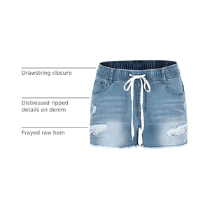 Shorts de mezclilla de cintura alta para mujer ODM con cordón, estilo casual de verano, desgastados, con dobladillo deshilachado, estilo boyfriend, de algodón - Product Image 6