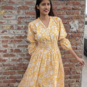 Hand Block Print <b>Summer</b> <b>Boho</b> <b>Dress</b> Floral Design V-neck Long Sleeve 100% Cotton Casual Style Indian Lined <b>Dress</b> For Women - Product Image 1