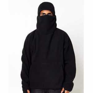 Sweat-shirt à capuche noir pour homme, coupe ample, en polaire, pour l'hiver, style décontracté, avec masque intégré, manches classiques, en coton tricoté - Product Image 6