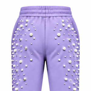 Lavender Pearl Beaded <b>Jogger</b> Pants <b>Women</b> Luxury Embellished Drawstring Sweatpants Casual Streetwear <b>Fleece</b> Trousers With Pockets - Product Image 4
