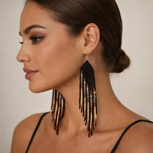 Pendientes de borlas largas estilo bohemio con cuentas de arroz coloridas y geométricas, aretes de flecos estilo bohemio con cuentas de semillas y borlas colgantes. - Product Image 5
