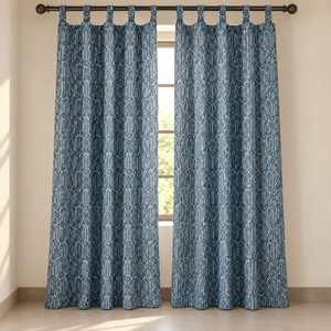 Rideaux en coton à imprimé géométrique bleu |   Rideaux de fenêtre en tissu cambric imprimés à la main |   Panneaux décoratifs indiens pour la décoration moderne de la maison - Product Image 1
