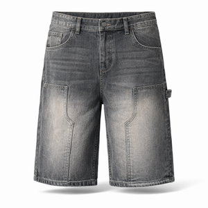 Shorts en jean gris foncé délavé pour homme, style streetwear, production OEM personnalisée, coupe ample, longueur genou, broderie 3D, mode décontractée adulte - Product Image 1