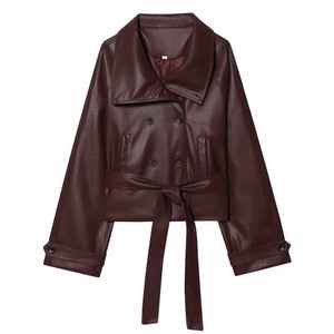 Veste en cuir PU noir pour femme avec ceinture à la taille, col rabattu, coupe ample, longueur courte, style décontracté, veste en cuir pour l'automne - Product Image 6