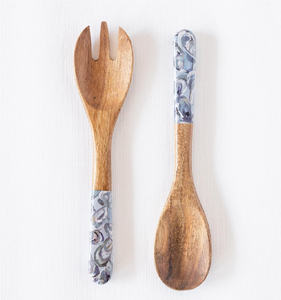 Cuillère/Fourchette en bois émaillé avec manche à carreaux bleus, design minimaliste, cuillère imprimée pour servir la salade - Product Image 6