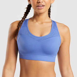 Women's <b>Blue</b> Racerback Sports <b>Bra</b> High Support Seamless Yoga Fitness Wear U-NECK Breathable Four-Way Stretch Mesh Quick Dry - Product Image 1