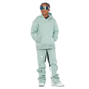 Ensemble de survêtement deux pièces en molleton écologique, comprenant un sweat à capuche imprimé et délavé à fermeture éclair intégrale, et un pantalon de survêtement évasé et empilé, avec finition délavée à l'acide personnalisée - Product Image 5