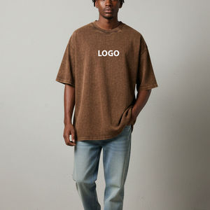 เสื้อยืดคอกลมแขนสั้นทรงโอเวอร์ไซส์สำหรับผู้ชาย สีน้ำตาล ผ้าคอตตอนเจอร์ซีย์ พิมพ์ลายตัวอักษรโลโก้ด้านหน้า สไตล์ลำลอง - Product Image 5
