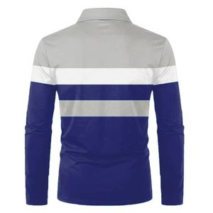Polo à manches longues pour homme, à blocs de couleur et rayures, tricoté, design décontracté, motif rayé bleu, gris et blanc, coupe classique - Product Image 5