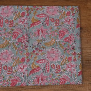 Export Quality Sage Green Cotton <b>Fabric</b> Pink Floral Hand Block Print Water Resistant Medium <b>Weight</b> 100GSM for Apparel Home - Product Image 1