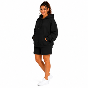 Women's 2 Piece Hoodie Shorts <b>Set</b> Solid Black Fleece Long Sleeve Loose Fit Casual Drawstring Pocket All Seasons Wear - Product Image 3