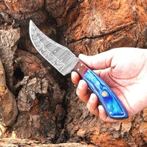 Couteau de chasse en acier Damas à pointe tombante, manche bleu, épaisseur 0,6 mm, bord biseauté, couteau de poche pour la survie en extérieur - Product Image 4