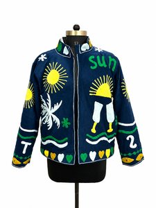 Hand Embroidered Navy Bomber Jacket With Sun Palm Tree Pattern Full Sleeve <b>Zipper</b> Closure Summer Women's Outerwear - Product Image 1