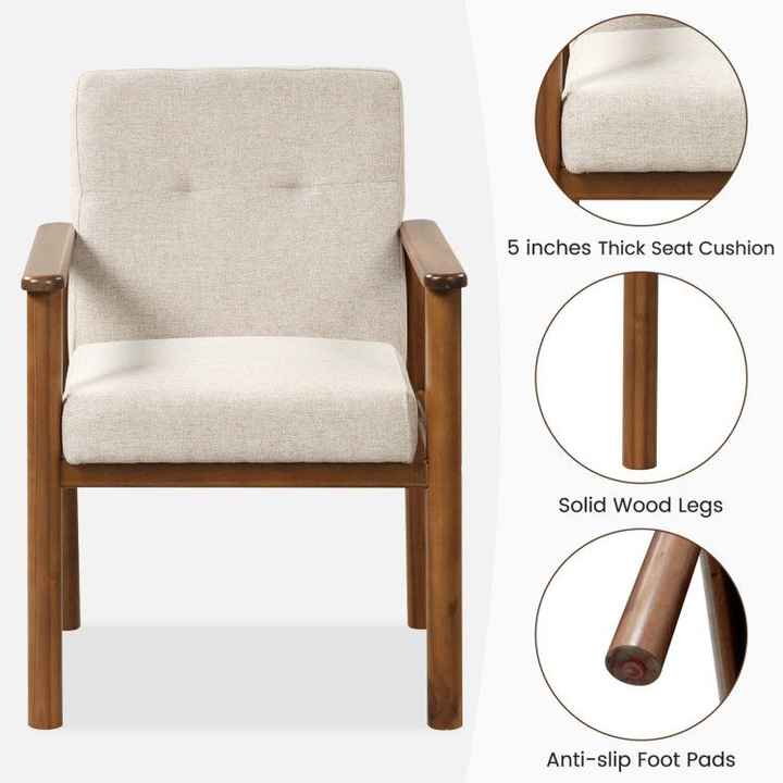 Modern Accent Linen Fabric Armchair with Soft Cushioned Seat & Solid Wood Legs for Living Room