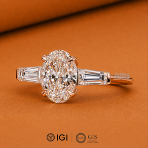 Bague de fiançailles ovale à trois pierres de 2,70 carats, baguettes coniques latérales, bague de mariage en diamant, bague trilogie pour elle, bague faite à la main - Product Image 2