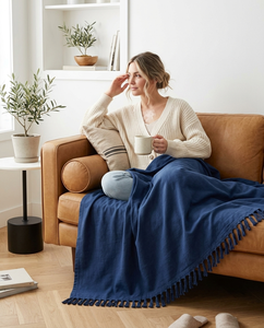 Manta de punto sólida azul de invierno, suave y acogedora, con flecos, para sofá, silla, cama, decoración del hogar, calefactable - Product Image 2