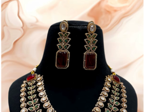 Royal <b>Ruby</b> Green Polki <b>Necklace</b> Set Double Layer Brass Statement for Women Girls for Parties Engagements Queen Legacy Wedding - Product Image 2