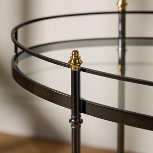 Chariot de bar en laiton avec 2 étagères en verre et 4 roulettes pivotantes, chariot de service contemporain pour hôtel, chariot à boissons - Product Image 3