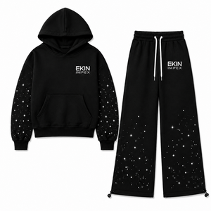 EKIN IMPEX Conjunto de Sudadera Premium de Peso Pesado con Estrellas de Diamantes de Imitación Negros, 2 Piezas: Sudadera con Capucha Corta de Corte Holgado y Dobladillo Ajustable con Cierre de Cordón - Product Image 1